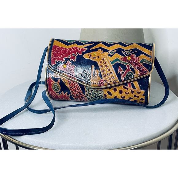 VTG Leather Embossed Giraffe Wildlife Jungle Africa Structured Crossbody Bag - Picture 3 of 12